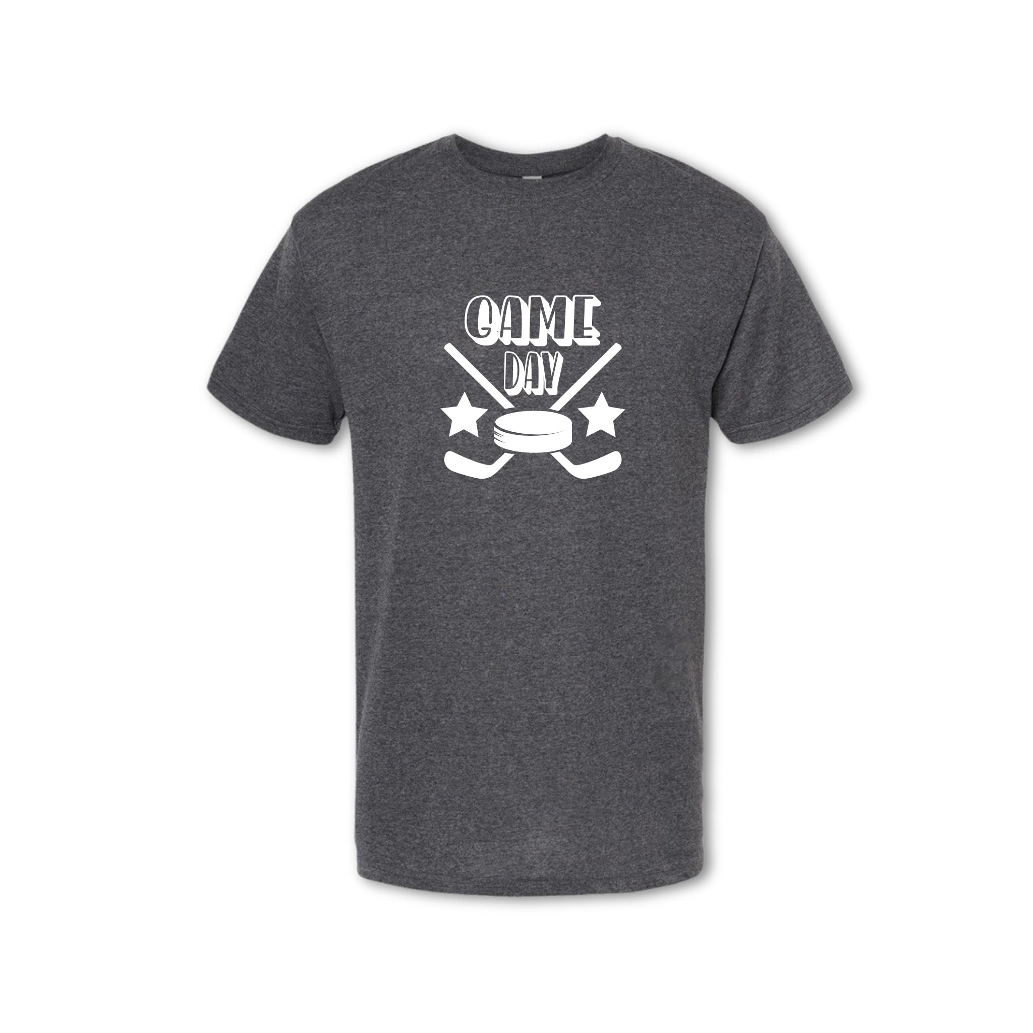 Gray t-shirt with 'Game Day' and hockey stick graphic on a white background