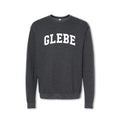 A gray crewneck sweatshirt with the word 'GLEBE' printed in bold letters across the chest.