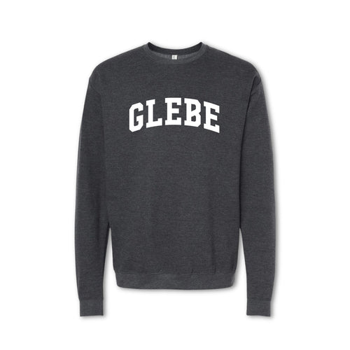 A gray crewneck sweatshirt with the word 'GLEBE' printed in bold letters across the chest.