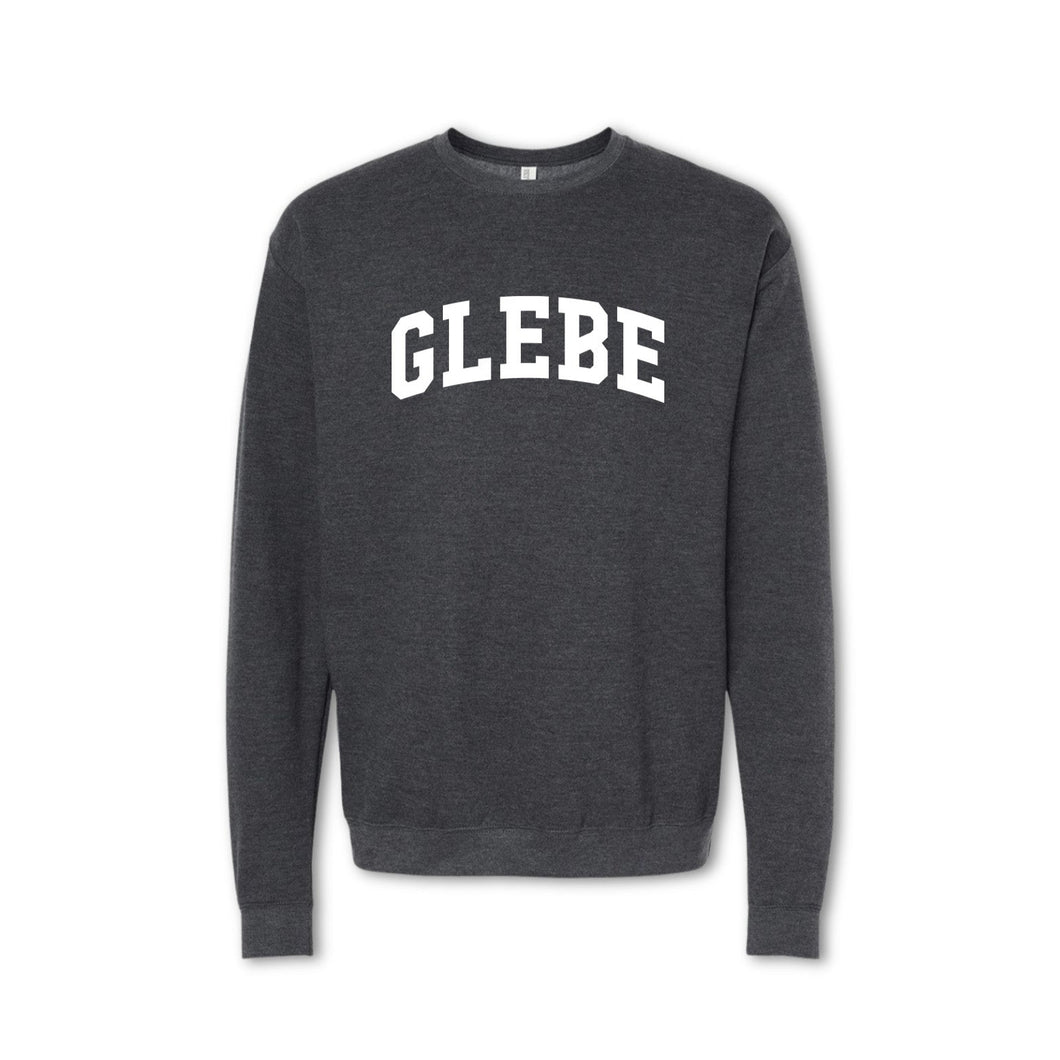 A gray crewneck sweatshirt with the word 'GLEBE' printed in bold letters across the chest.