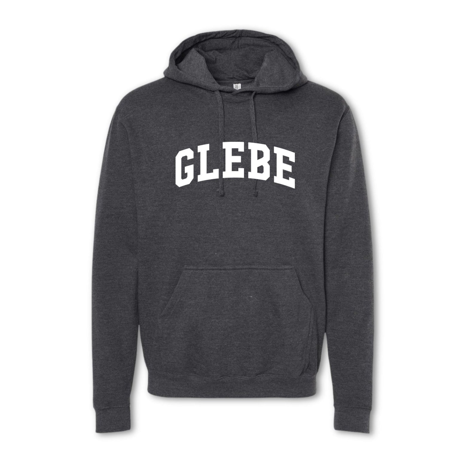 A gray hoodie sweatshirt with the word 'GLEBE' printed in bold letters across the chest.