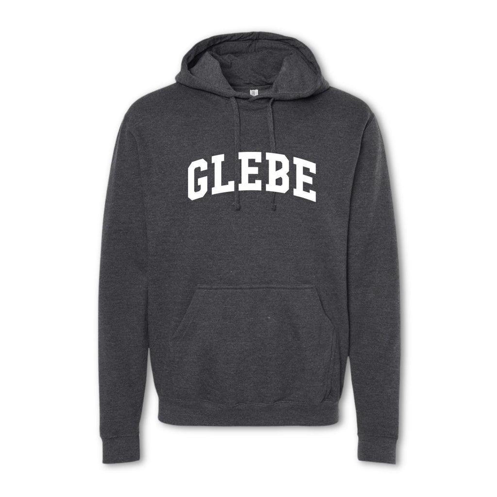 A gray hoodie sweatshirt with the word 'GLEBE' printed in bold letters across the chest.