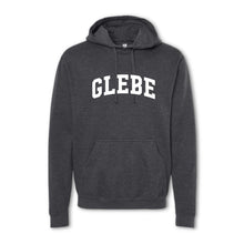 Load image into Gallery viewer, A gray hoodie sweatshirt with the word &#39;GLEBE&#39; printed in bold letters across the chest.
