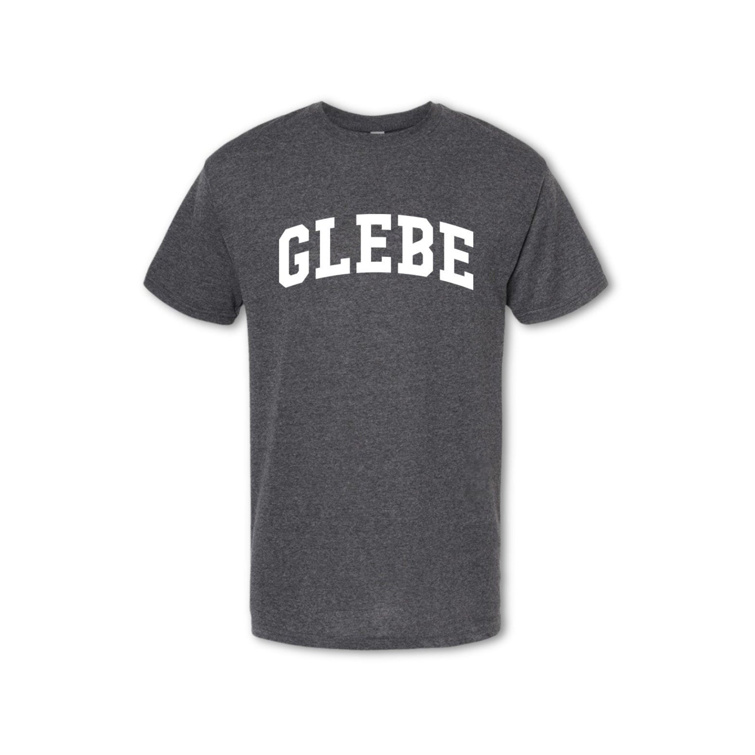 A grey t-shirt with the word 'GLEBE' printed in white on the chest.