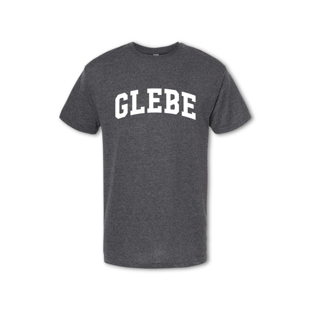 A grey t-shirt with the word 'GLEBE' printed in white on the chest.