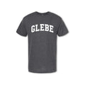 A grey t-shirt with the word 'GLEBE' printed in white on the chest.
