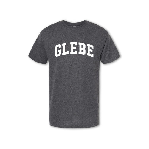 A grey t-shirt with the word 'GLEBE' printed in white on the chest.