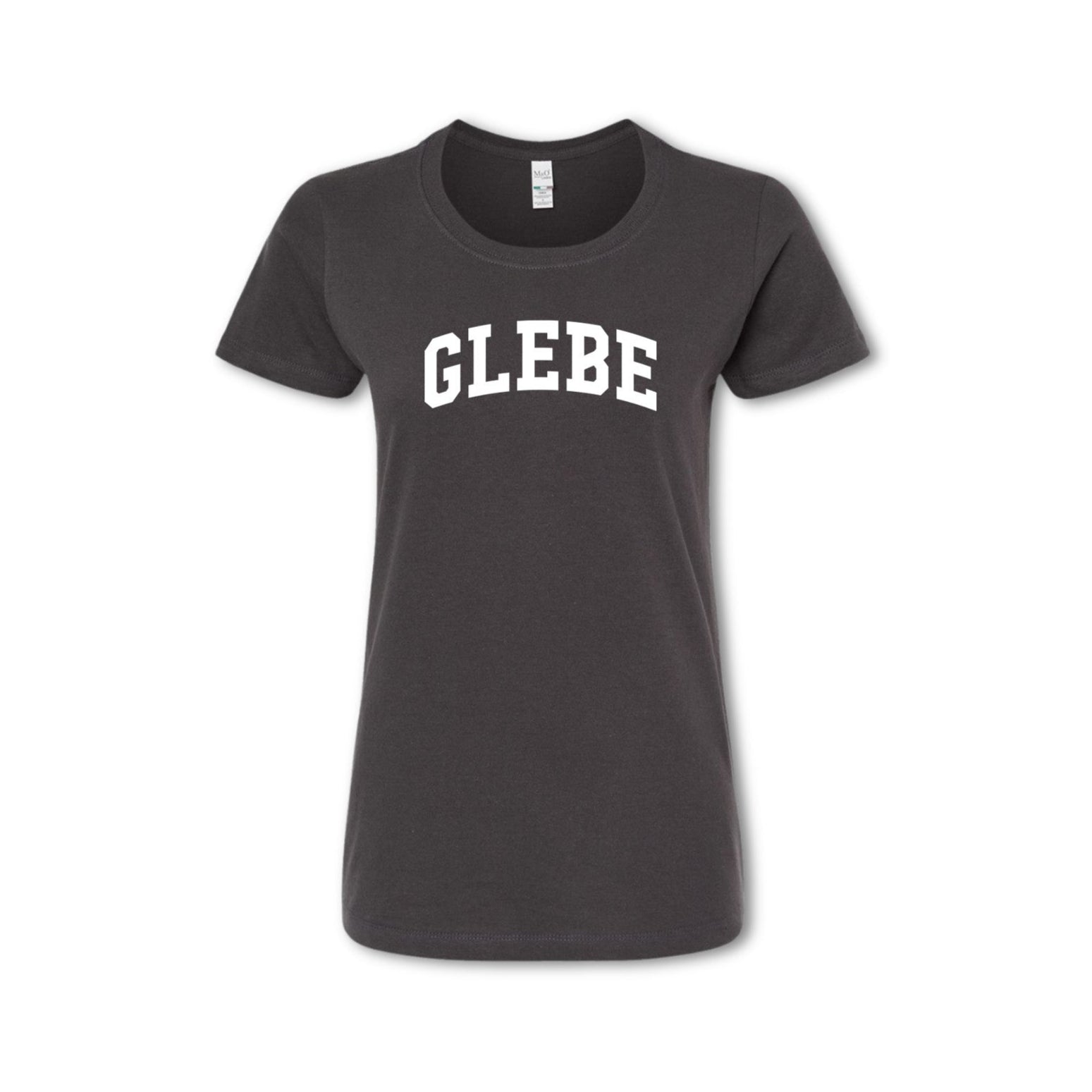 A grey t-shirt with the word 'GLEBE' printed in white on the chest.