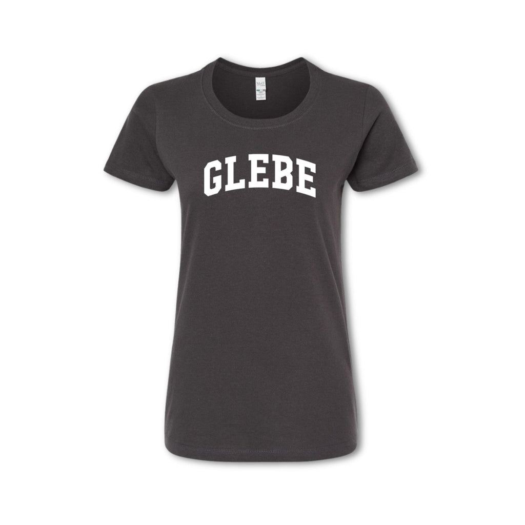 A grey t-shirt with the word 'GLEBE' printed in white on the chest.