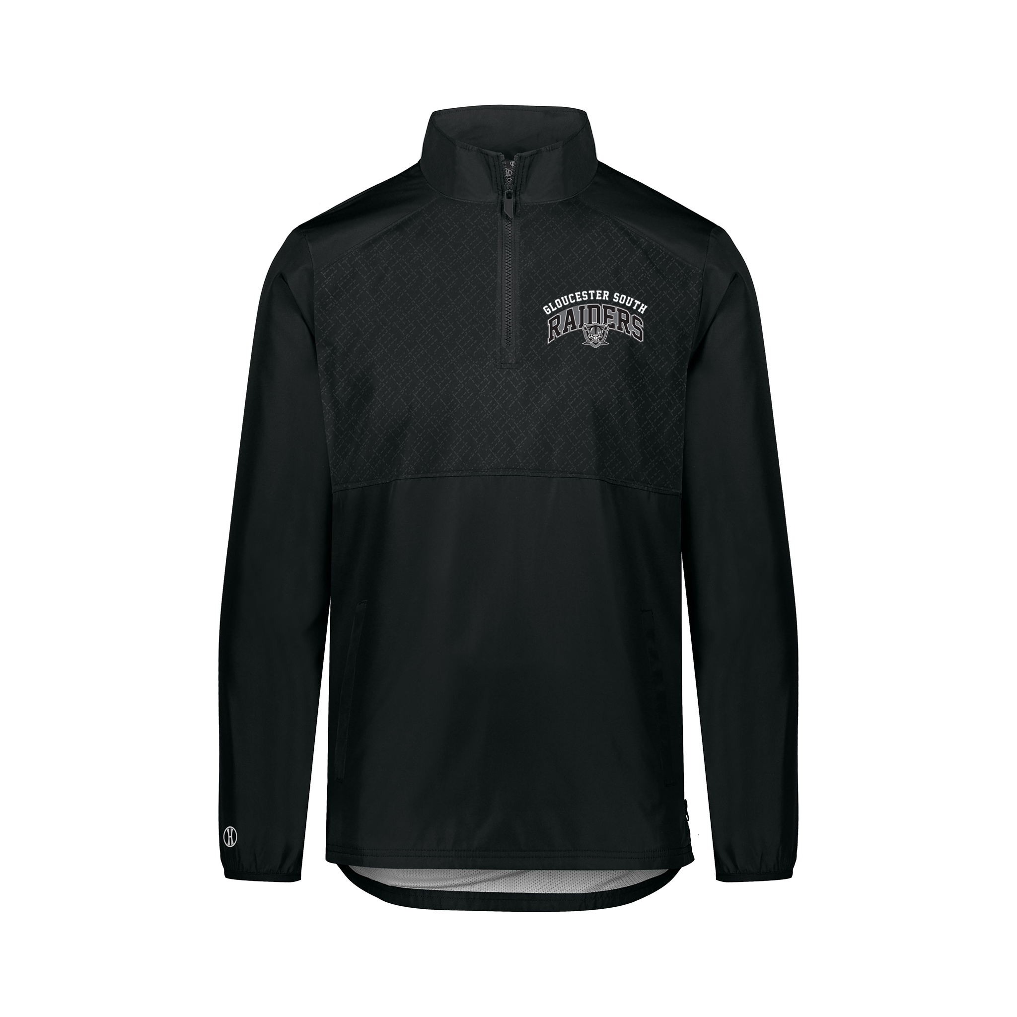 Black quarter-zip pullover with a logo on a white background