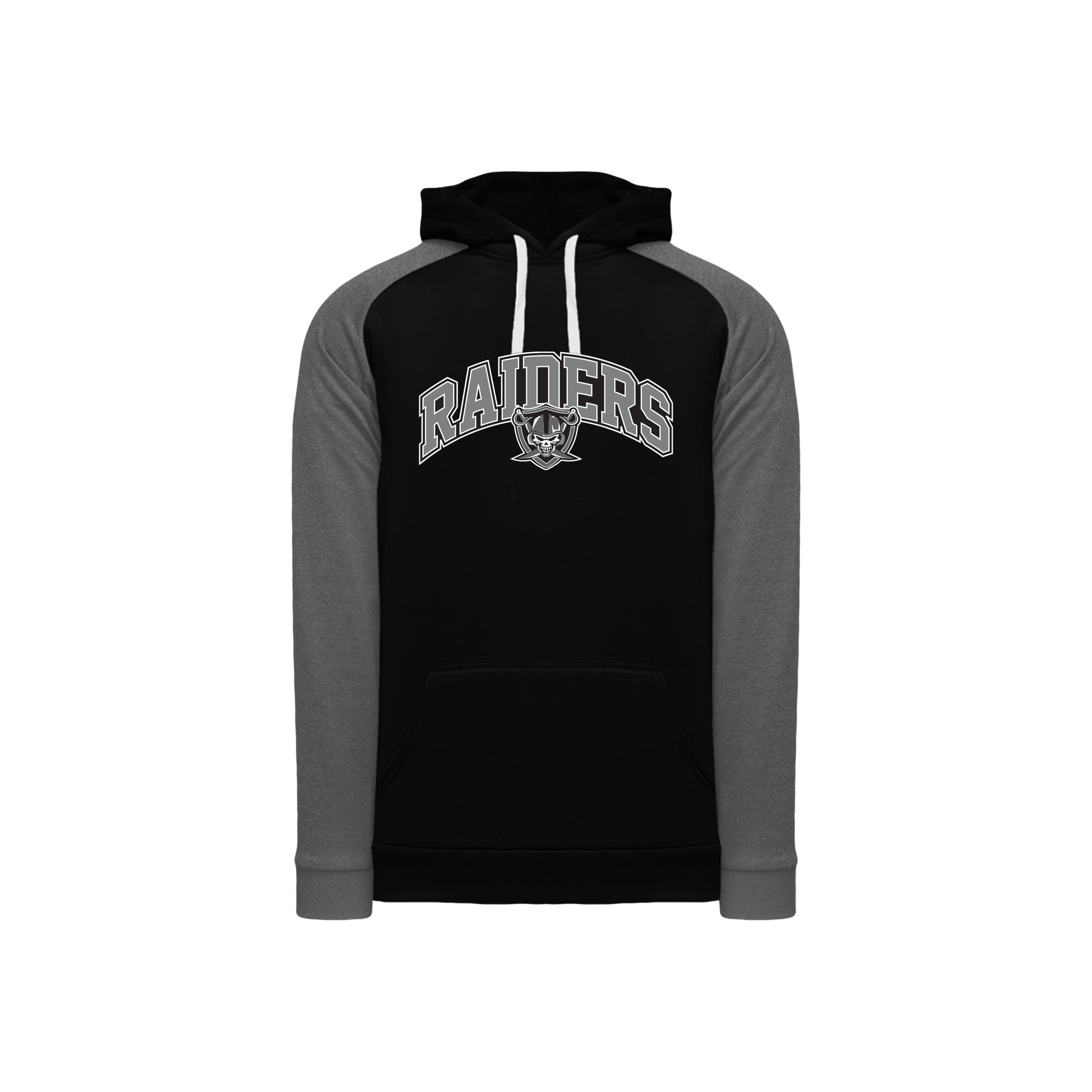 Black and gray twill embroidered hoodie with 'RAIDERS' and a crest on the front, available in adult sizes.
