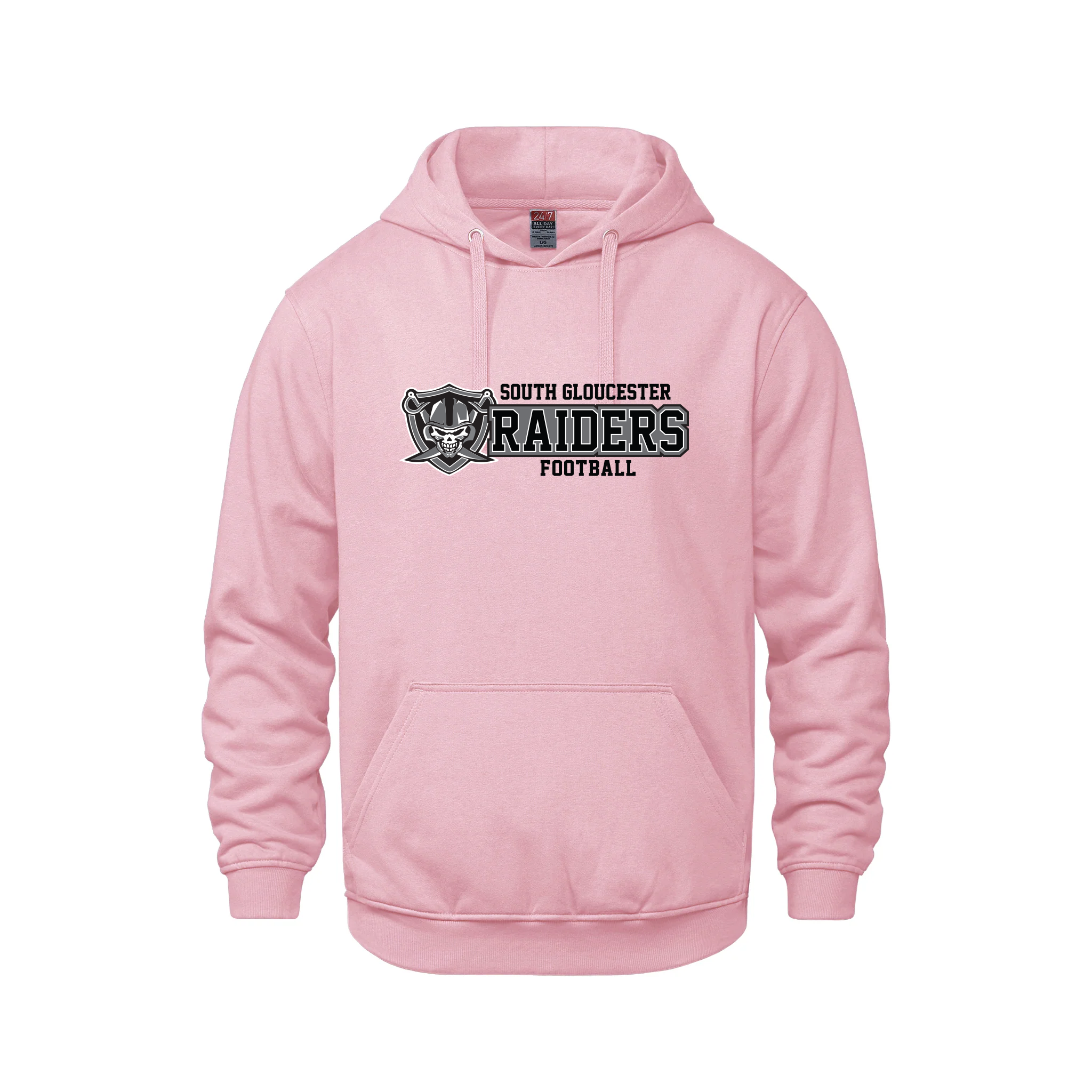 Pink hoodie with 'South Gloucester Raiders Football' text and logo on a white background