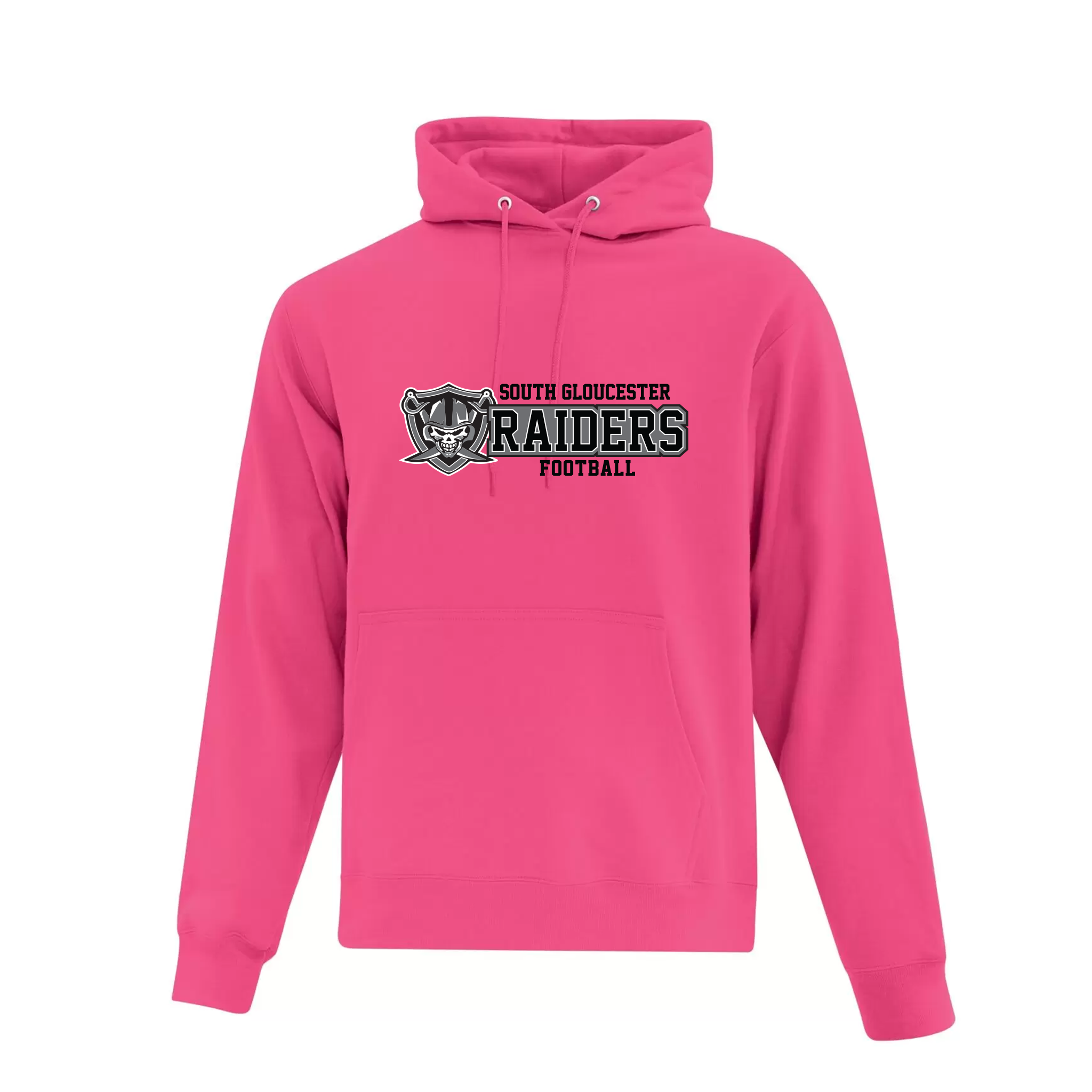 Pink hoodie with 'South Gloucester Raiders Football' text on a white background