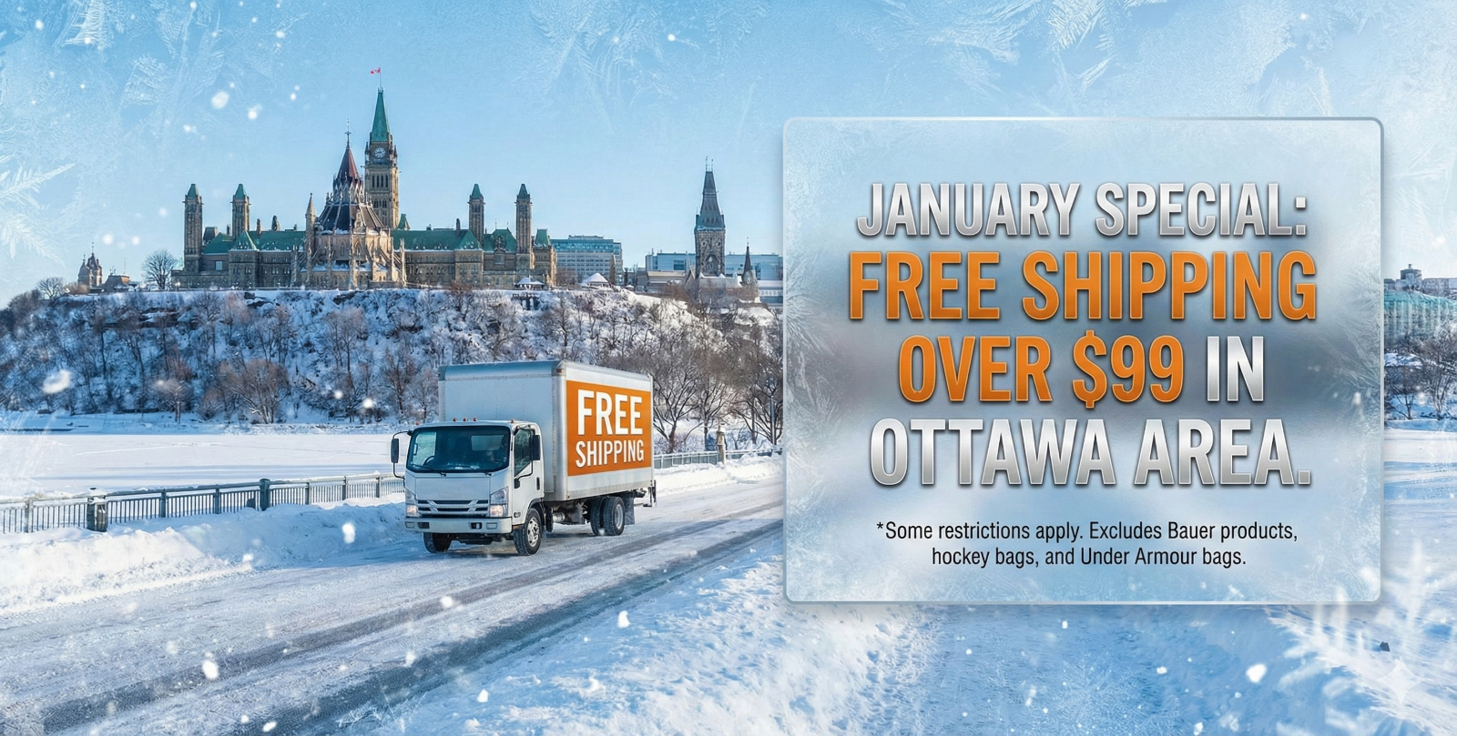 Truck delivering a package with a snowy landscape and a building in the background, featuring a January special offer for free shipping.