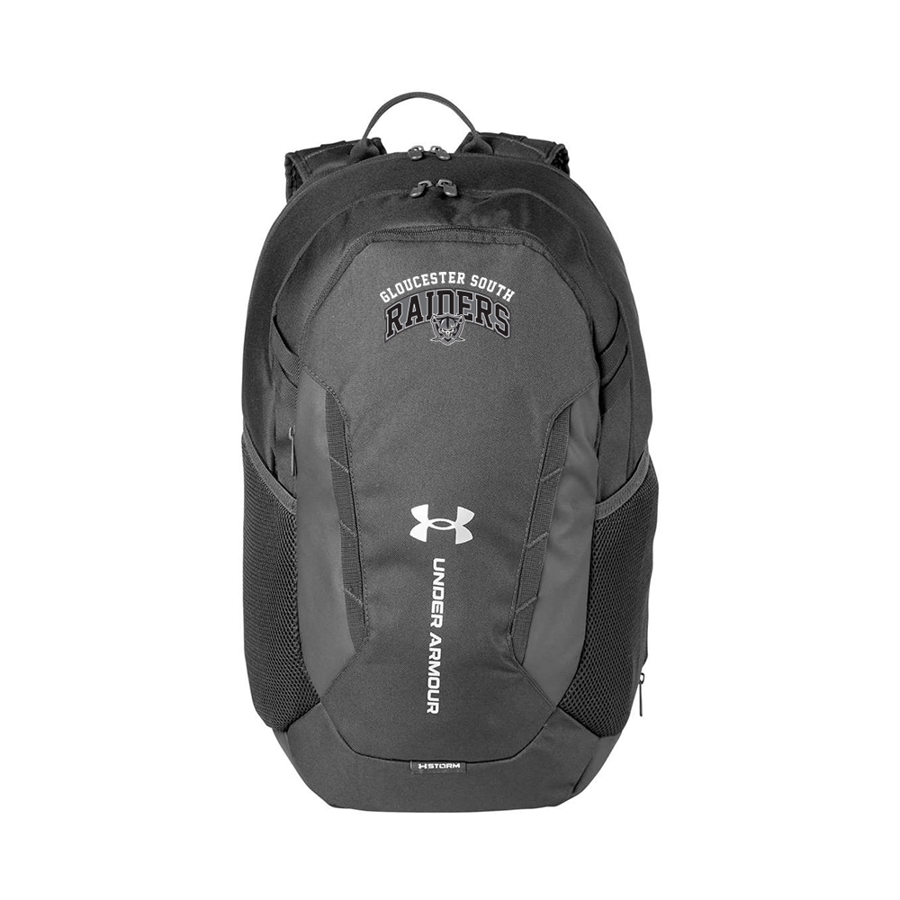 A black Under Armour backpack with a white Under Armour logo and a white 'Gloucester Raiders' graphic on the front, shown against a plain white background.
