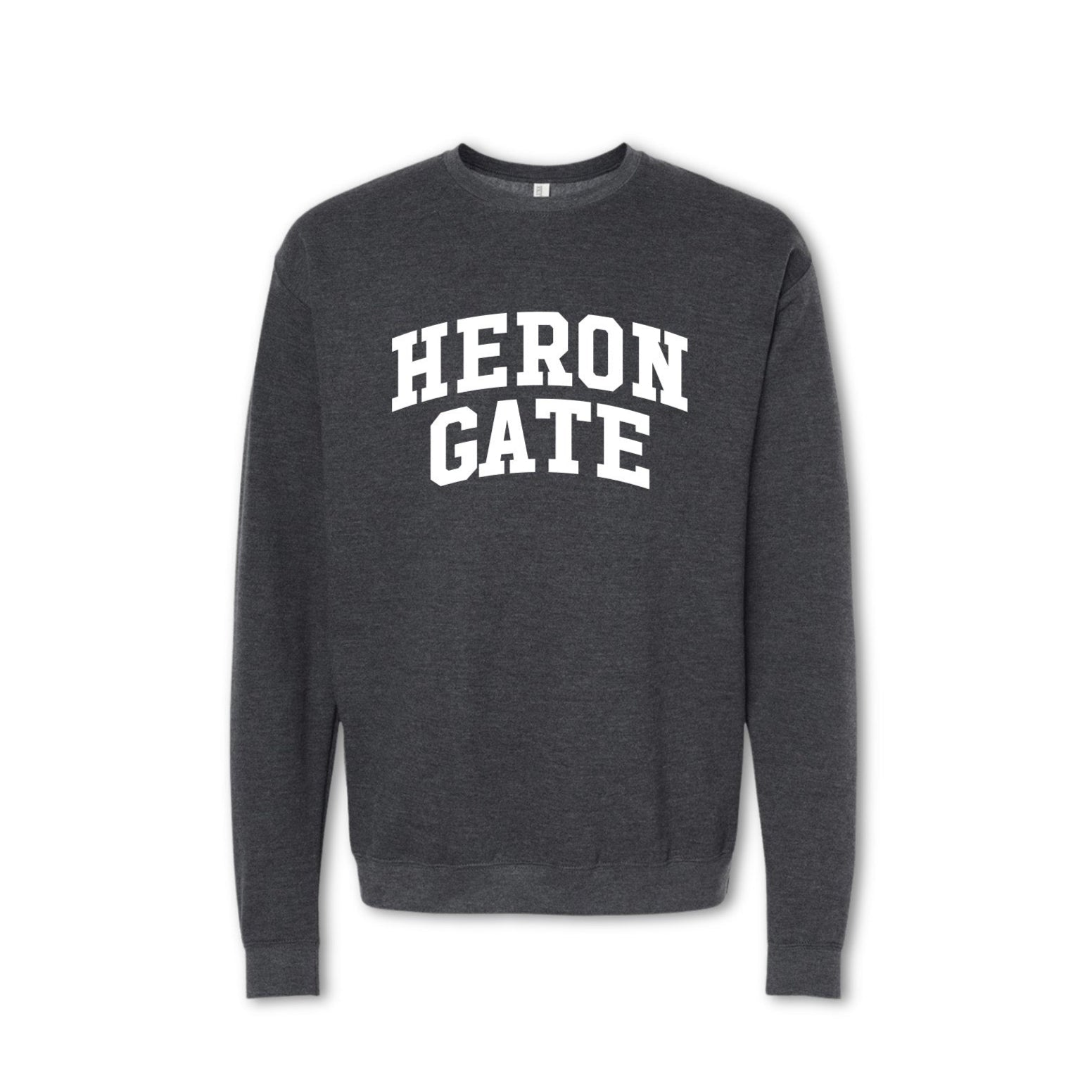 A gray crewneck sweatshirt with 'HERON GATE' printed in white on the front.