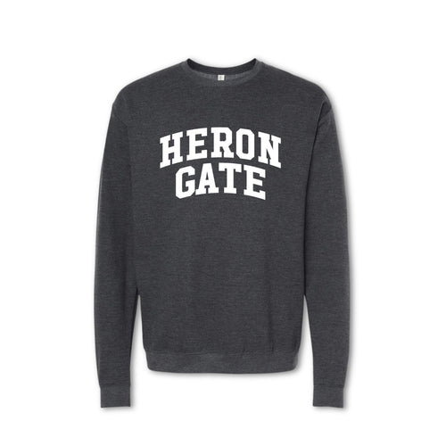 A gray crewneck sweatshirt with 'HERON GATE' printed in white on the front.