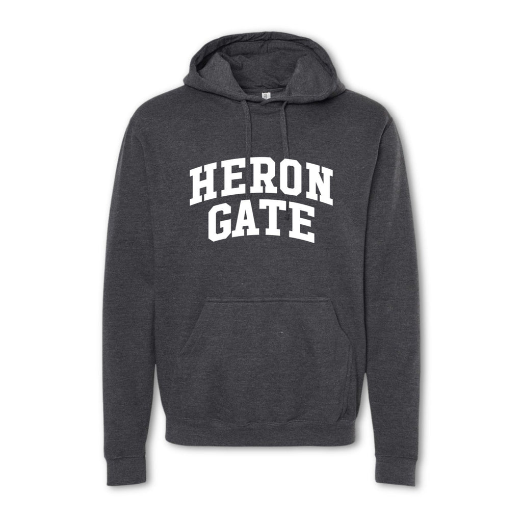 A gray crewneck sweatshirt with 'HERON GATE' printed in white on the front.