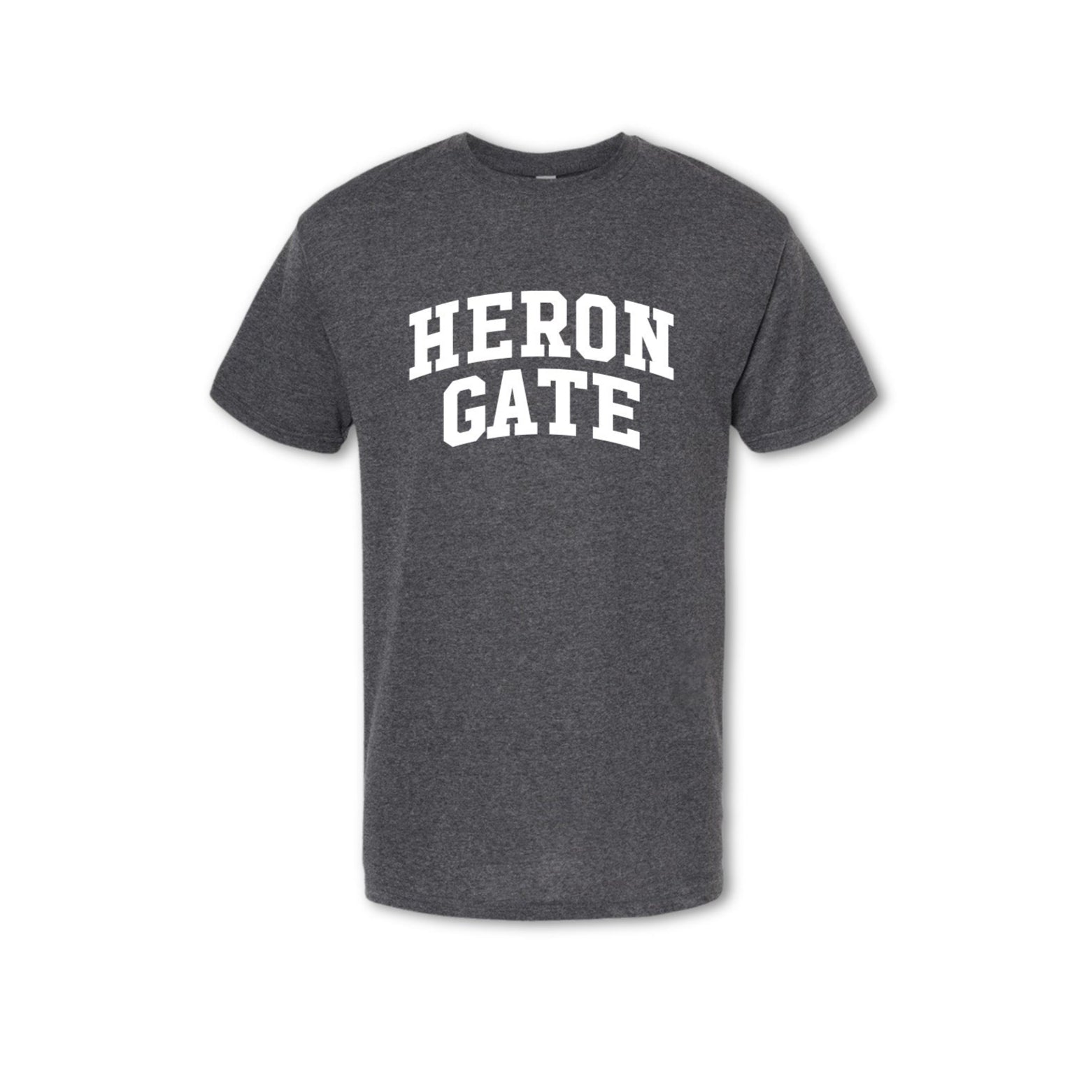 A gray t-shirt with 'HERON GATE' printed in white text on the chest.