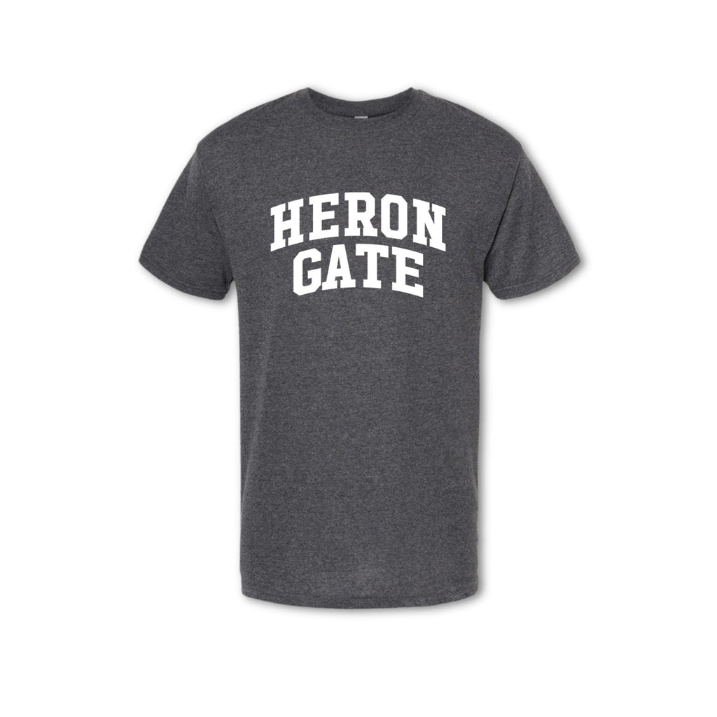 A gray t-shirt with 'HERON GATE' printed in white text on the chest.