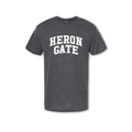 A gray t-shirt with 'HERON GATE' printed in white text on the chest.