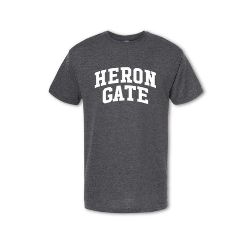 A gray t-shirt with 'HERON GATE' printed in white text on the chest.