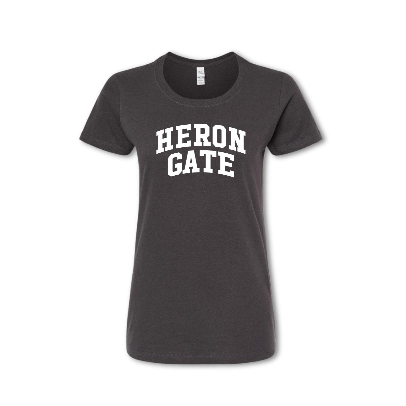 A gray t-shirt with 'HERON GATE' printed in white text on the chest.