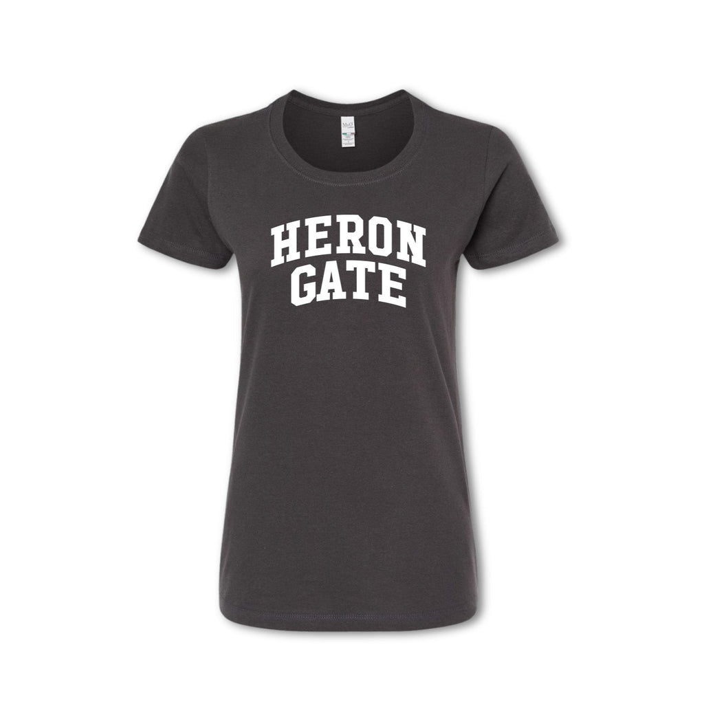 A gray t-shirt with 'HERON GATE' printed in white text on the chest.