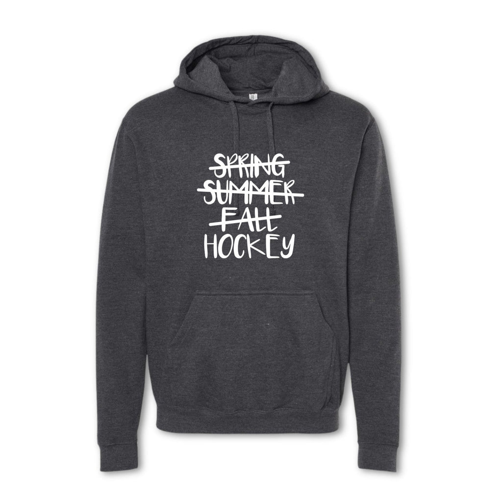 Dark gray hoodie with 'Spring Summer Fall Hockey' text on a white background