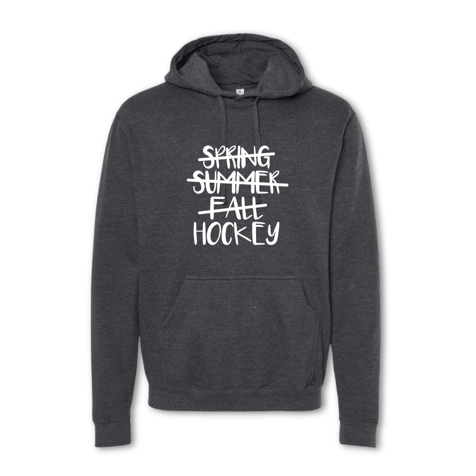 Dark gray hoodie with 'Spring Summer Fall Hockey' text on a white background