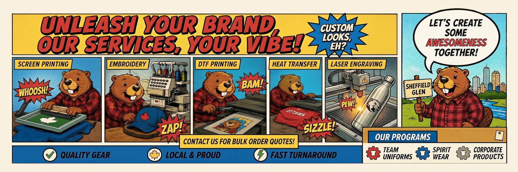 Comic-style advertisement featuring a beaver in various work scenarios with text about services and branding.