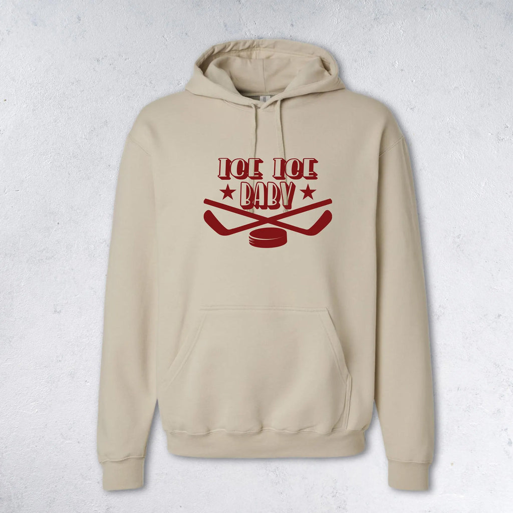 Beige hoodie with red graphic and text on a textured white background
