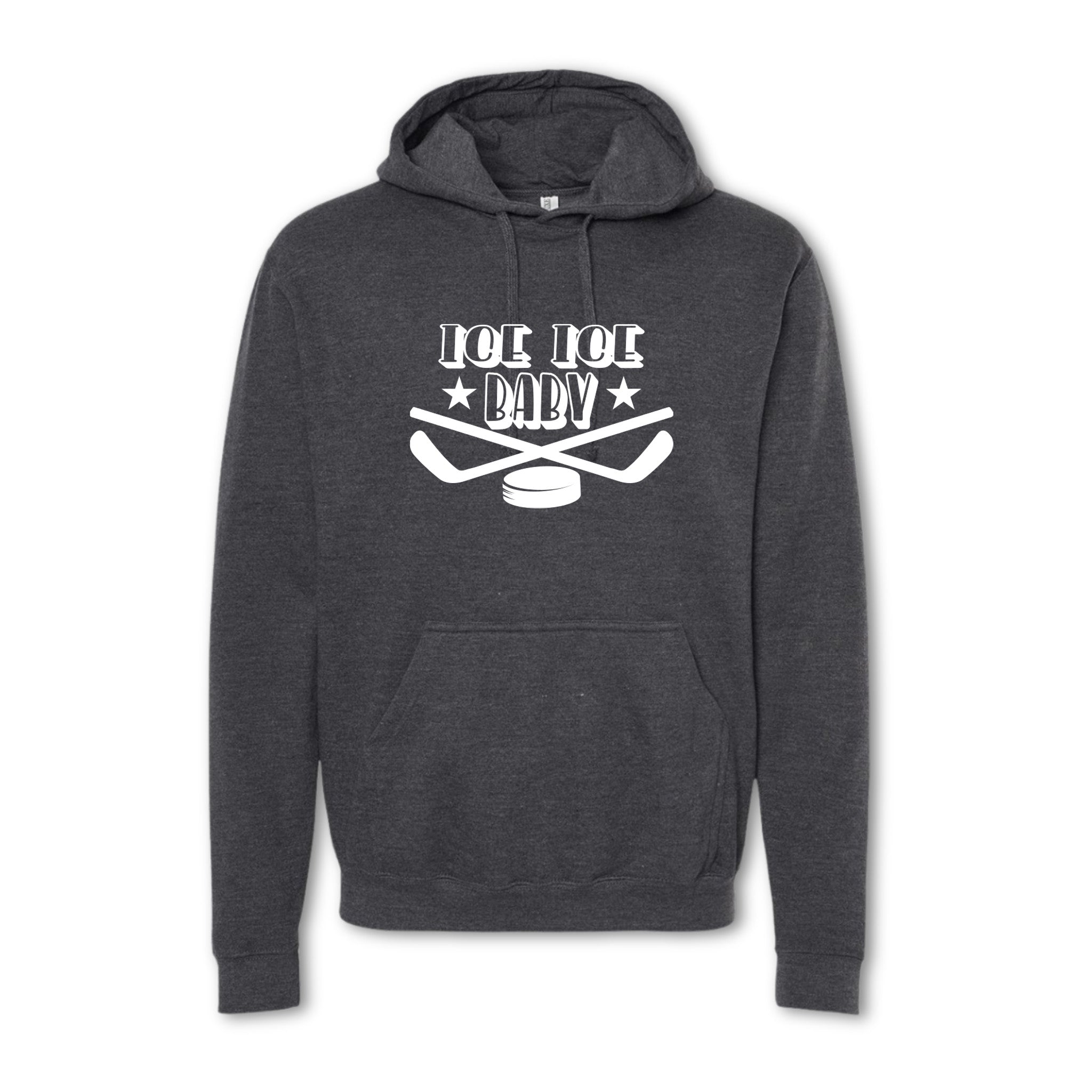 Dark gray hoodie with 'Ice Ice Baby' graphic on a white background