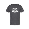 Gray t-shirt with hockey graphic and text on a white background