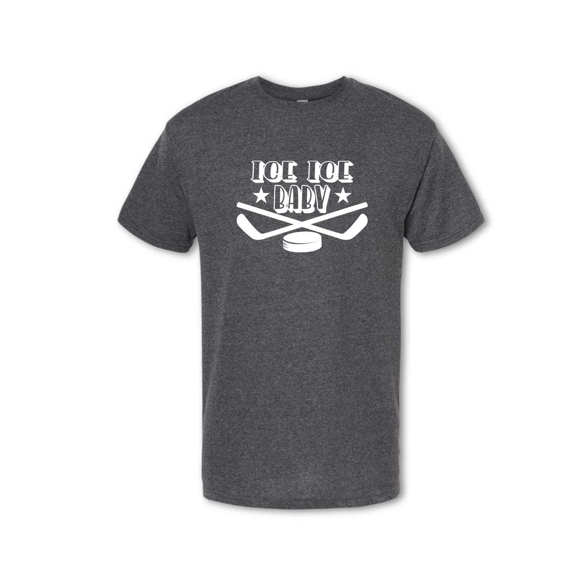 Gray t-shirt with hockey graphic and text on a white background