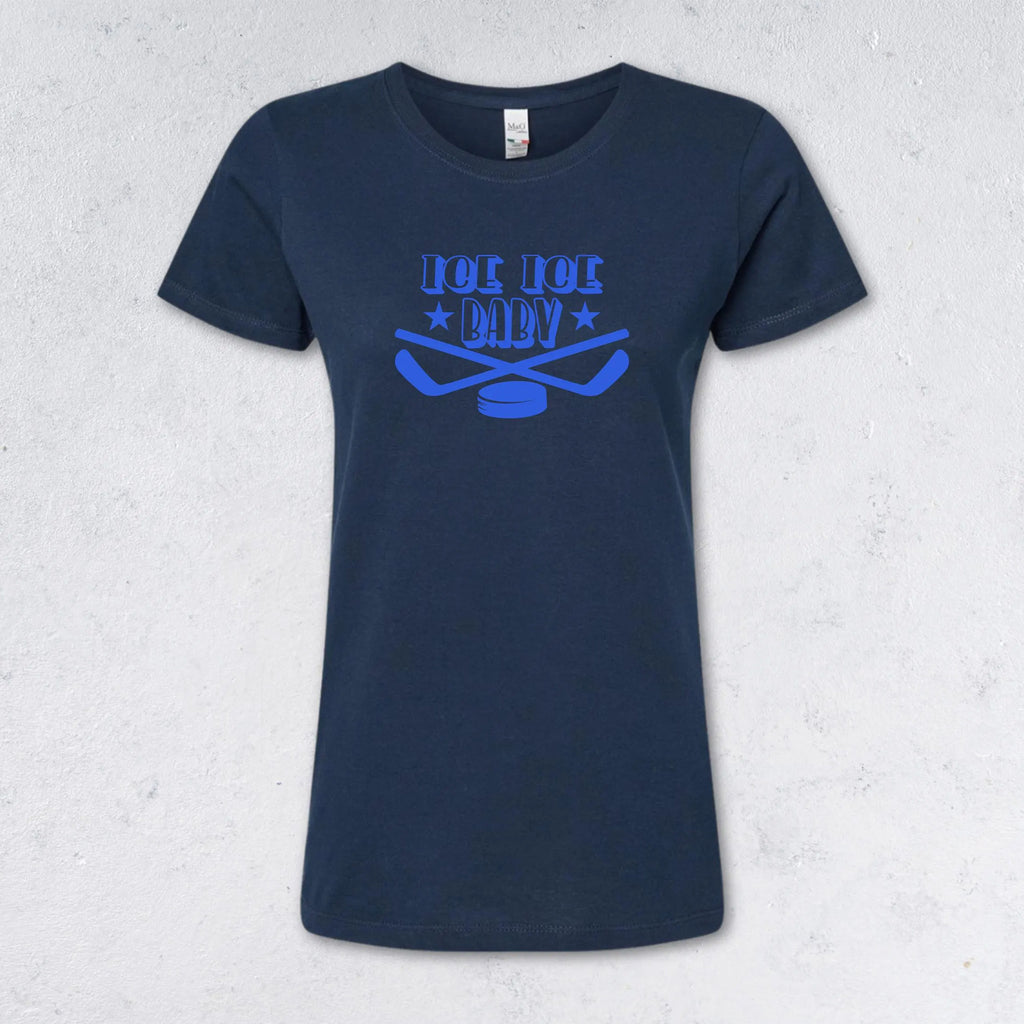 Navy blue t-shirt with blue graphic design on a textured gray background