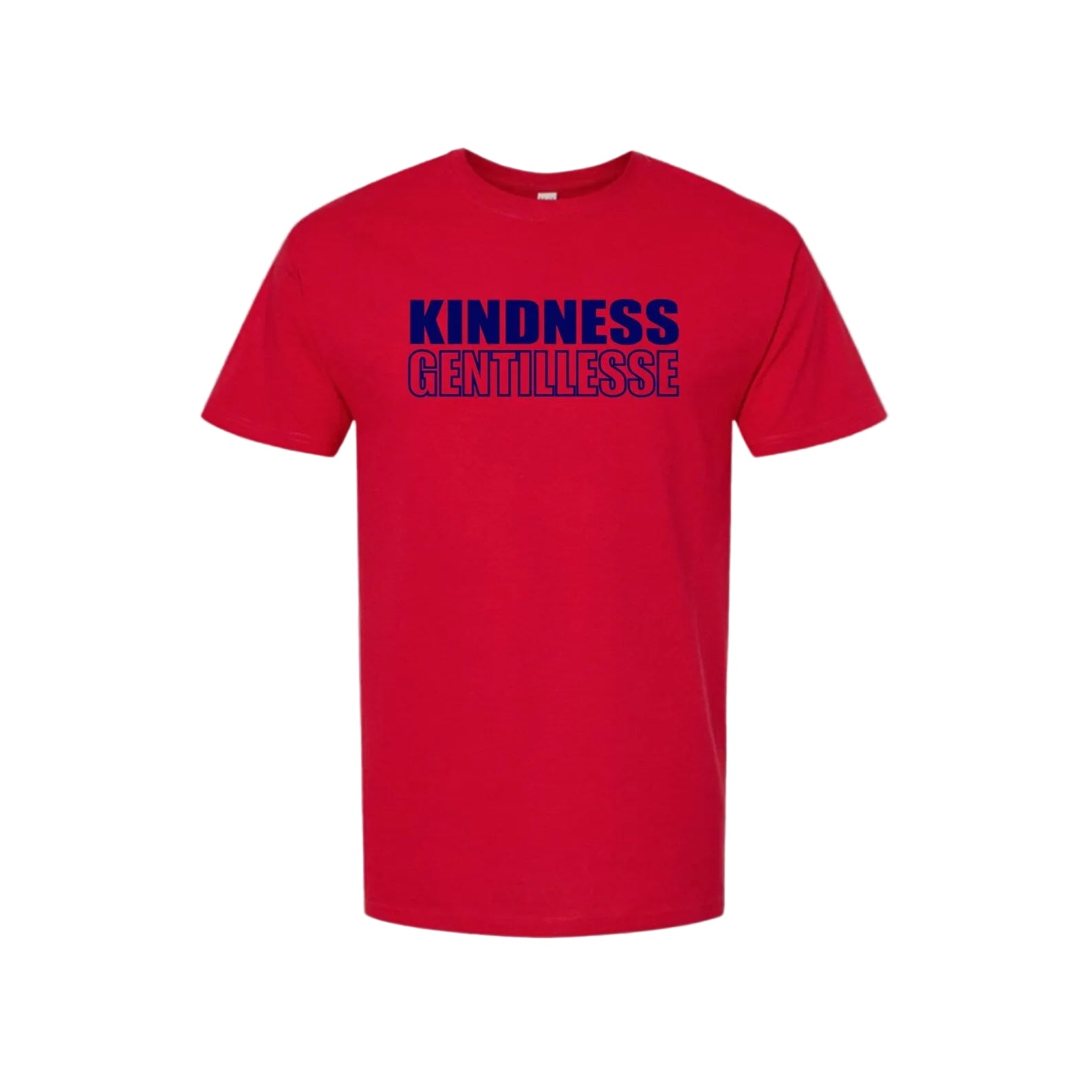 Red t-shirt with blue text 'KINDNESS GENTILLESSE' on a white background