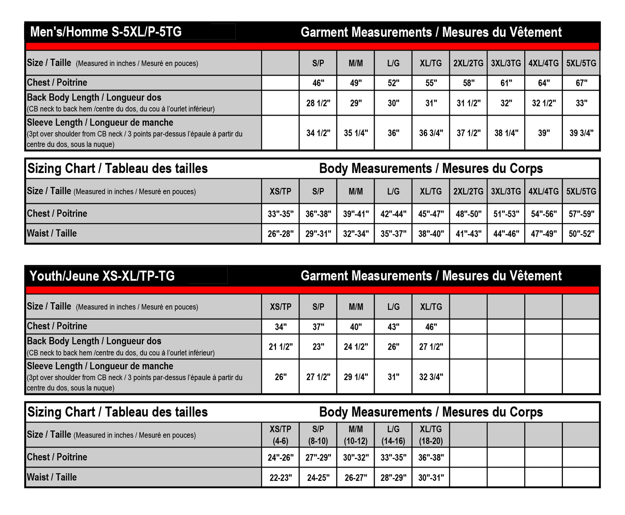 LEITRIM HAWKS - Insulated Softshell Jacket sizing chart