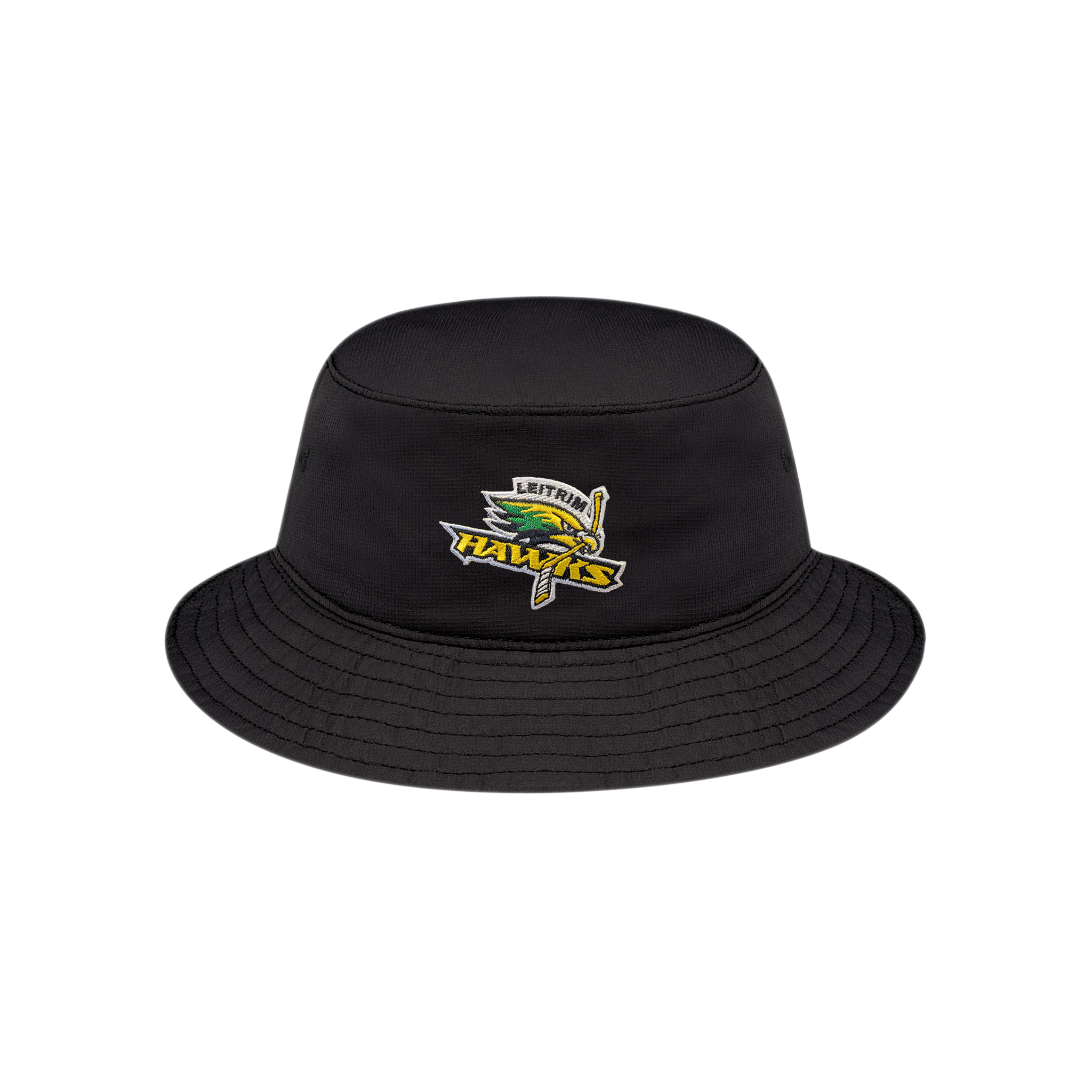 A black bucket hat with a prominent Leitrim Hawks patch on the front.