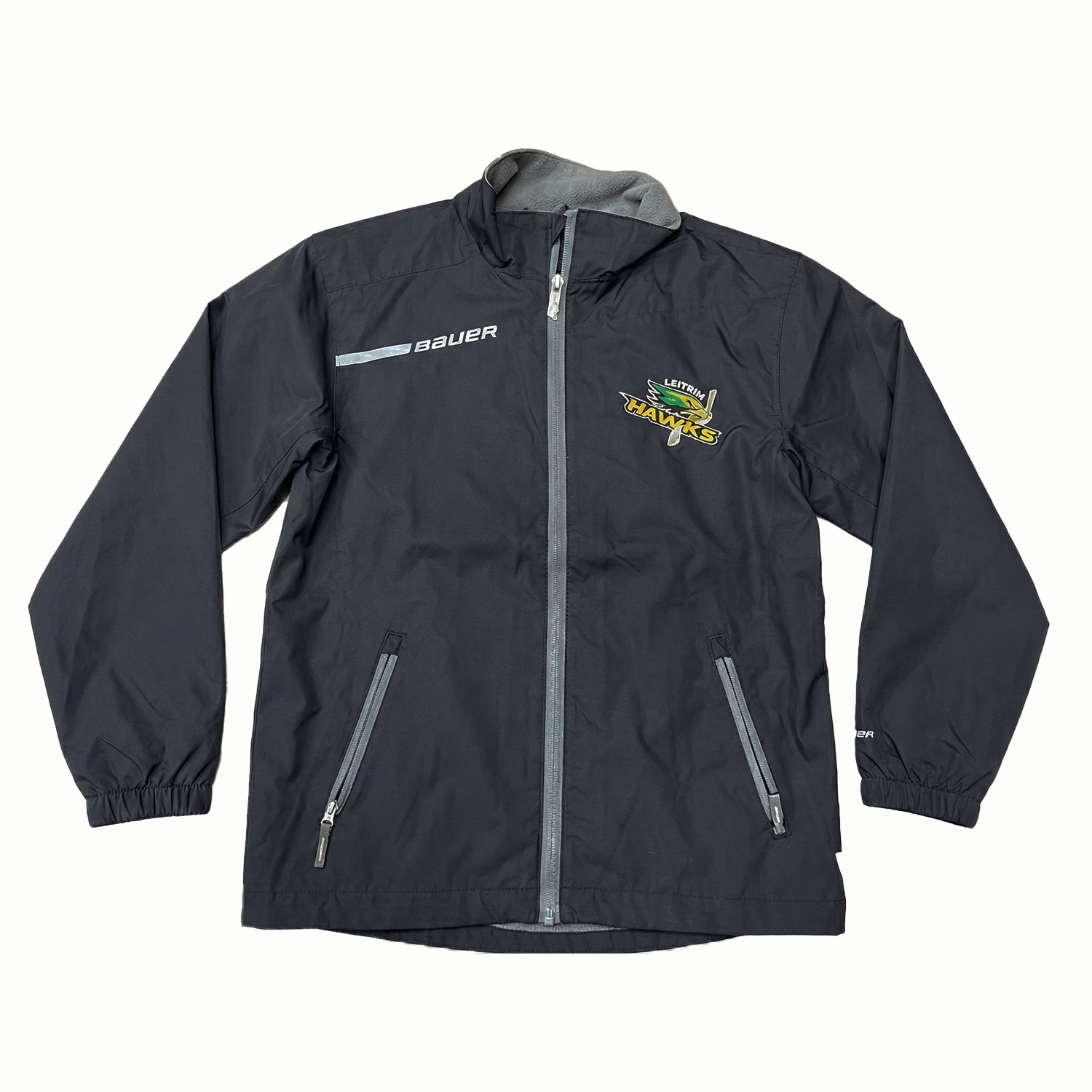 Black Bauer jacket with grey zippers and a logo on a white background