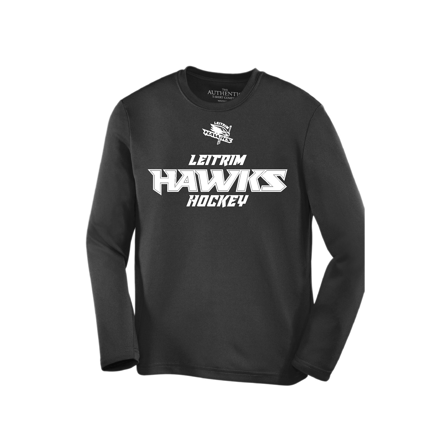 Black long-sleeve shirt with 'Leitrim Hawks Hockey' text on a white background