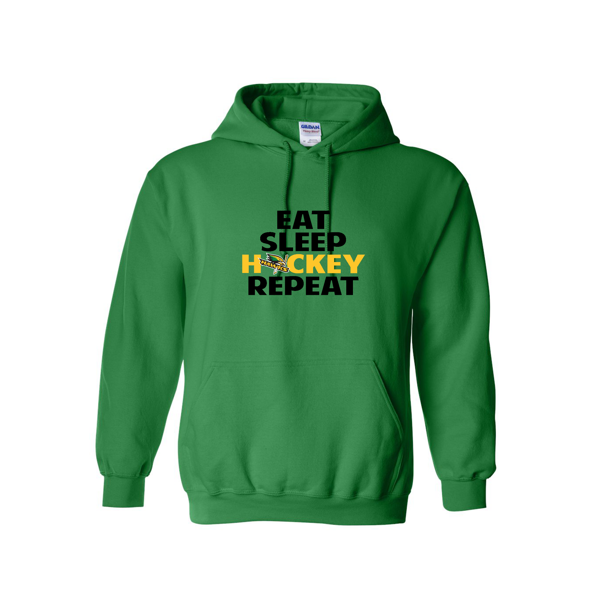Green hoodie with 'Eat Sleep Hockey Repeat' text on a white background
