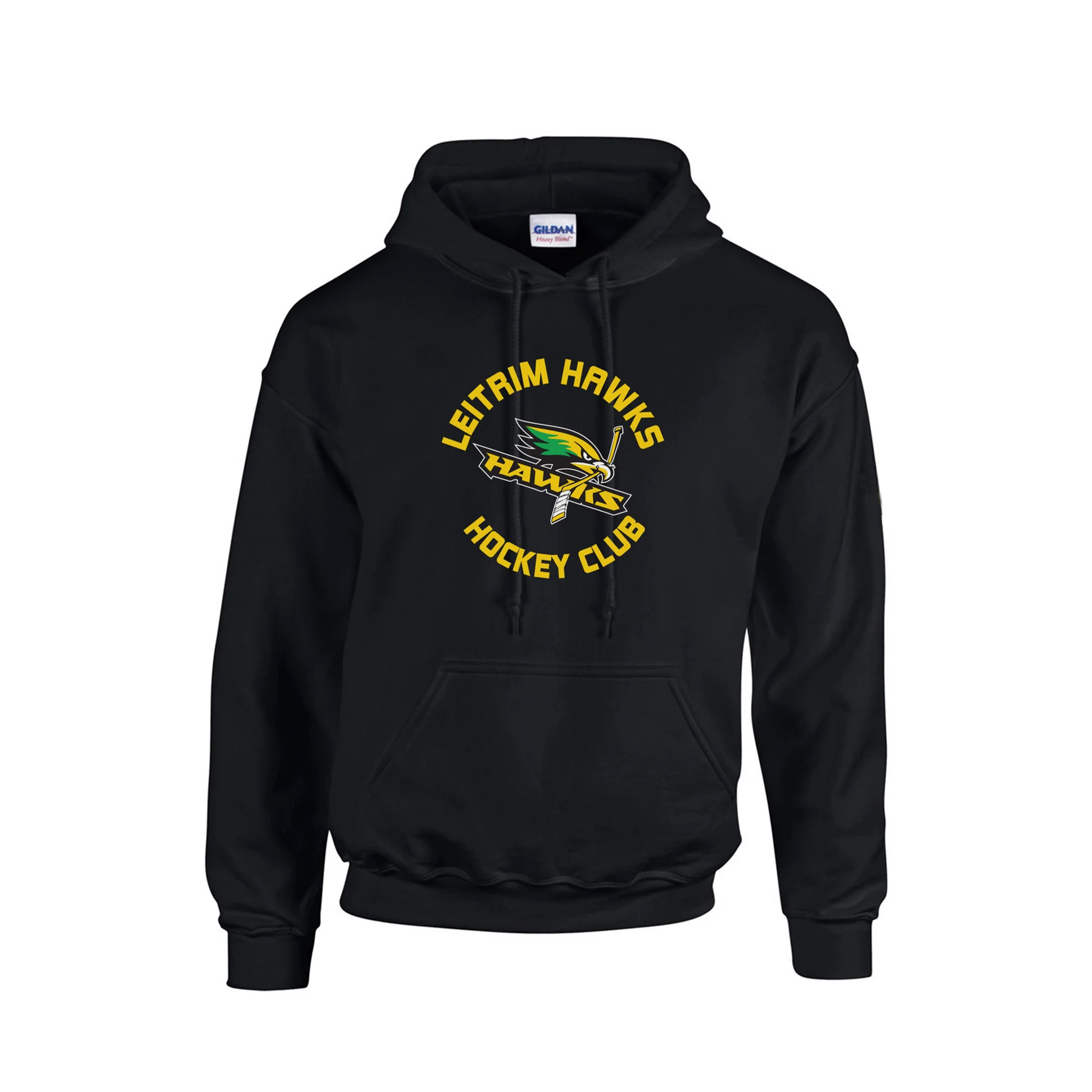 Black hoodie with Leitrim Hawks Hockey Club logo on a white background