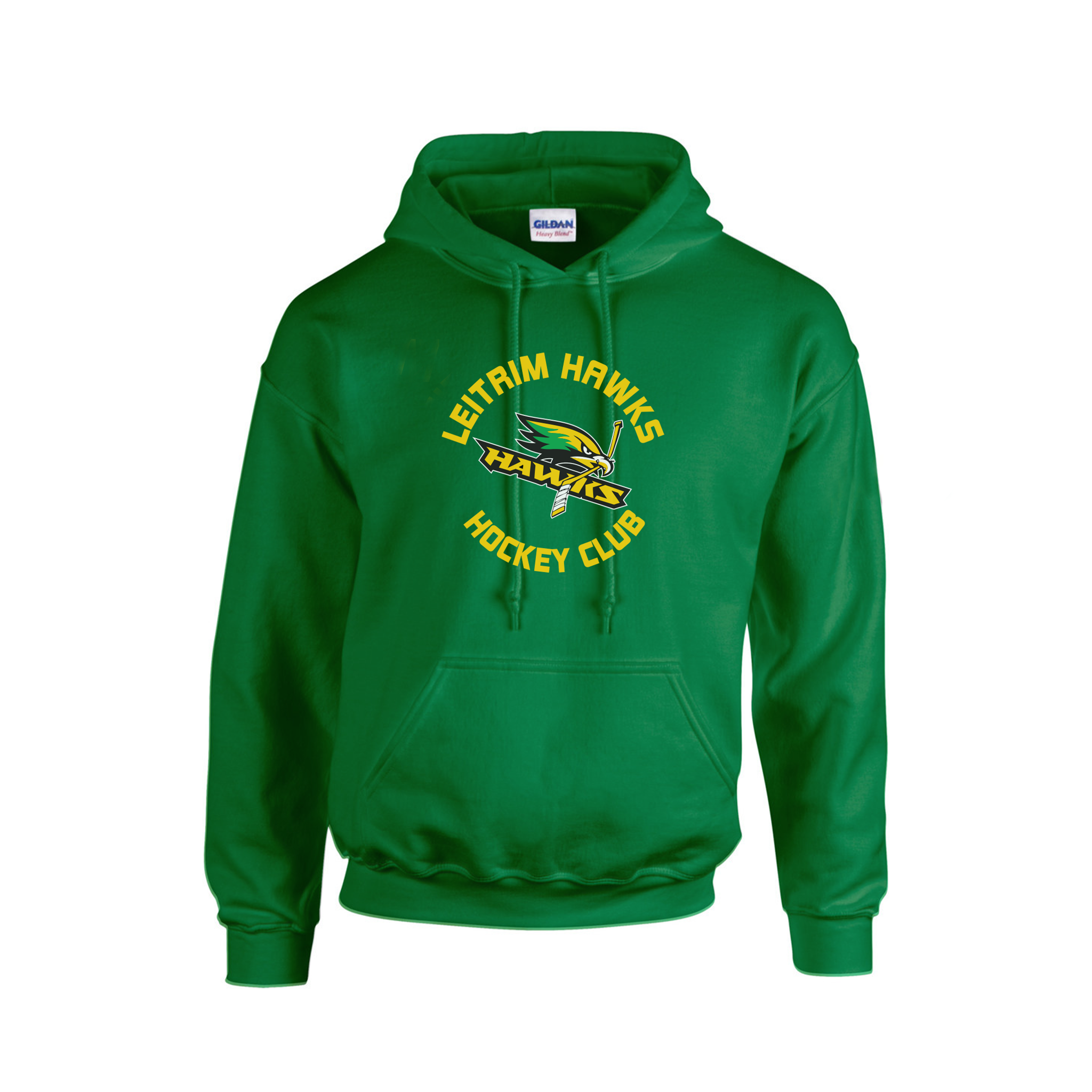 Green hoodie with 'Leitrim Hawks Hockey Club' text and logo on a white background