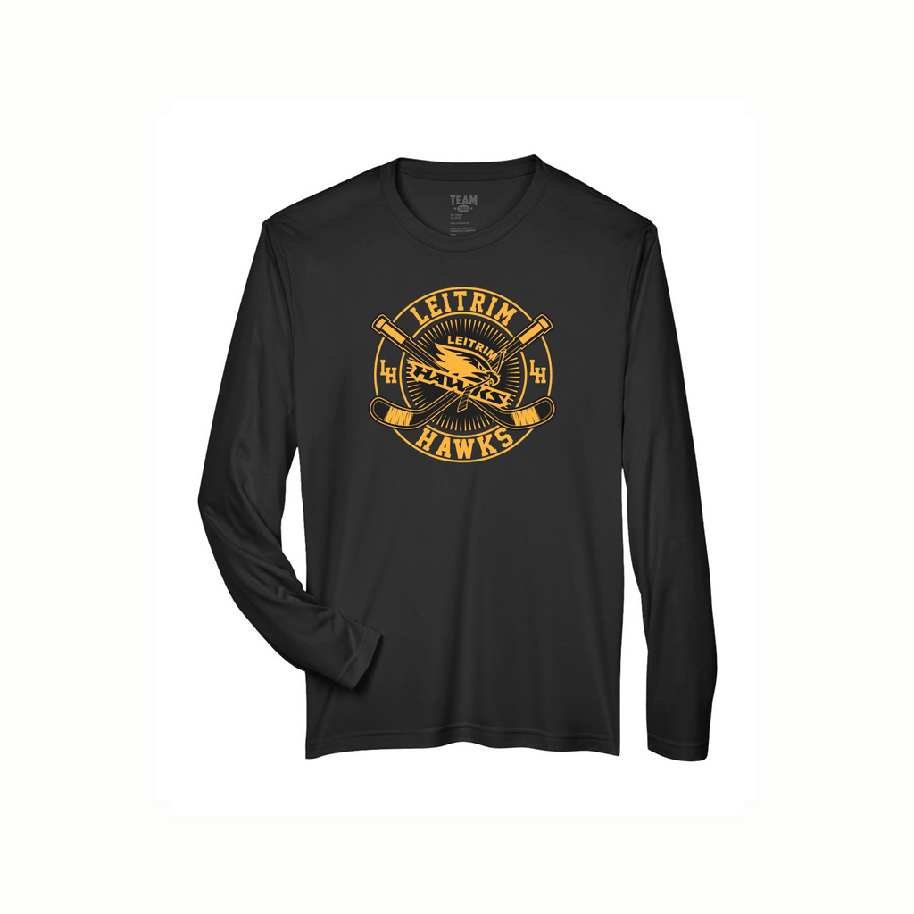 Black long-sleeve shirt with yellow leitrim hawks graphic design on a white background