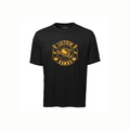 Black t-shirt with yellow leitrim hawks graphic and text on a white background