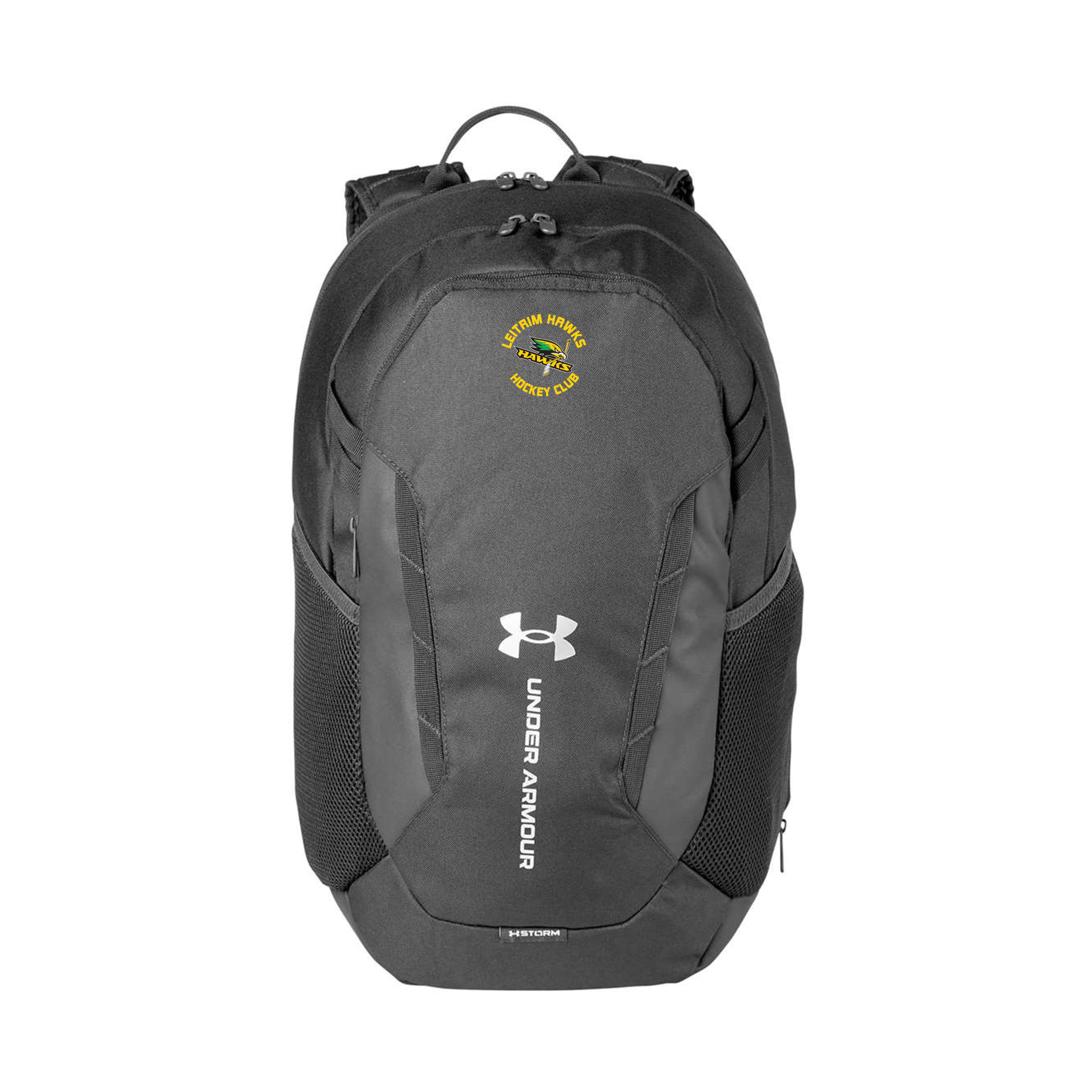 Black Under Armour backpack with leitrim hawks hockey club logo on a white background