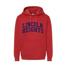 Load image into Gallery viewer, LINCOLN HEIGHTS - Crewneck &amp; Hoodie red with Navy printing on front
