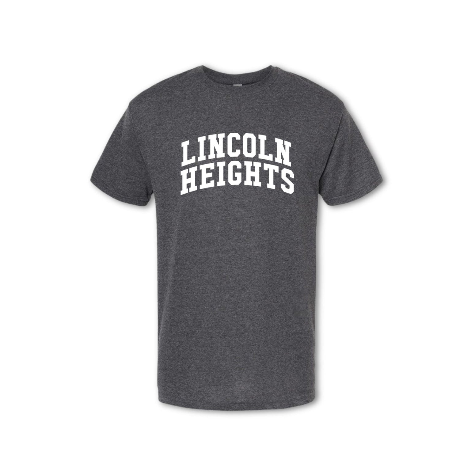 A gray t-shirt with 'LINCOLN HEIGHTS' written in bold letters across the chest.
