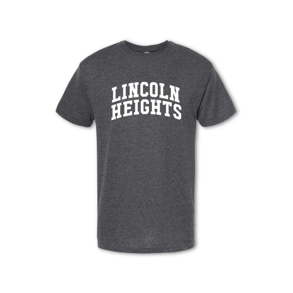 A gray t-shirt with 'LINCOLN HEIGHTS' written in bold letters across the chest.
